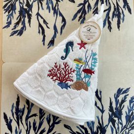 Embrodery round hand towel "Poissons" white