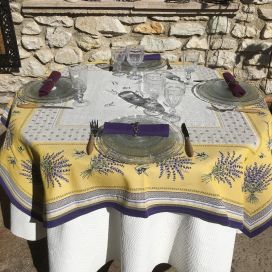 Rectangular Jacquard tablecloth  Lavandes et Olives "Castillon" yellow and lavande, by Marat d'Avignon