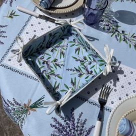 Coated cotton bread basket with laces, "Lauris" Lavender and Olives blue