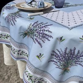 Nappe provençale rectangulaire en coton enduit "Lauris" Lavandes et Olives bleu