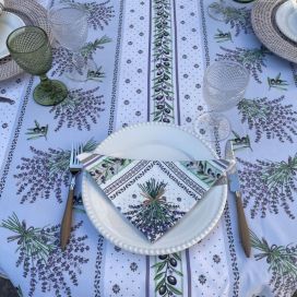 Coatted cotton tablecloth "Lauris" ecru and blue by Tissus Toselli