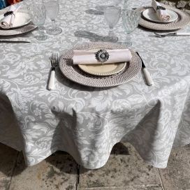 Rectangular coated cotton tablecloth "Versalles" ecru and pale grey