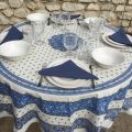 Nappe provençale ronde en coton enduit "Tradition" Bleue et blanche "Marat d'Avignon"
