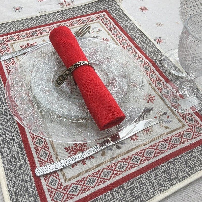 Set de table Jacquard "Vallée" rouge et gris Tissus Toselli, Nice
