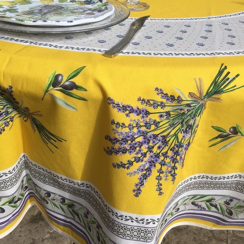 Coated Cotton Round Tablecloth Lauris, Yellow Round Tablecloth