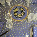 Nappe provençale ronde en coton  enduit "Bastide" Bleue et jaune "Marat d'Avignon"