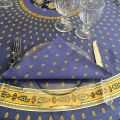 Coatted cotton round tablecloth "Bastide" blue and yellow "Marat d'Avignon"