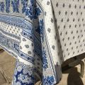 Nappe provençale rectangulaire en coton enduit "Bastide" blanche et bleue Marat d'Avignon