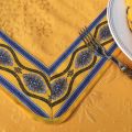 Chemin ou carré de table damassé Delft jaune doré, bordure "Avignon" jaune et bleu
