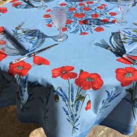 Round tablecloth in cotton "Poppies and lavender" blue by TISSUS TOSELLI