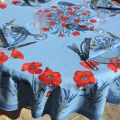 Coated cotton round tablecloth "Poppies and Lavender" blue by TISSUS TOSELLI
