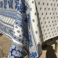 Rectangular provence cotton tablecloth "Bastide" White and blue "Marat d'Avignon"