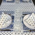 Rectangular provence cotton tablecloth "Bastide" White and blue "Marat d'Avignon"