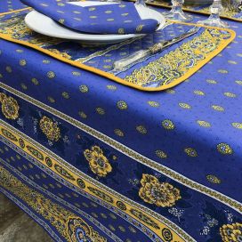 Square provence cotton tablecloth "Bastide" Blue and yellow "Marat d'Avignon"