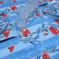 Rectangular provence cotton tablecloth "Poppies and Lavender" blue from Tissus Toselli in Nice