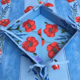Coated cotton bread basket with laces, "Poppies and Lavender" bue