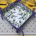 Coated cotton bread basket with laces, "Lauris" Lavender and Olives ecru