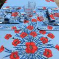 Rectangular placed provence cotton tablecloth "Poppies and Lavender" blue from Tissus Toselli in Nice