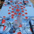 Rectangular placed provence cotton tablecloth "Poppies and Lavender" blue from Tissus Toselli in Nice