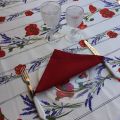 Rectangular coated cotton tablecloth "Coquelicots et Lavande" ecru