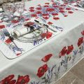 Rectangular placed coated cotton tablecloth "Poppies and Lavender" off white