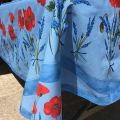 Rectangular placed coated cotton tablecloth "Poppies and Lavender" blue