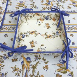 Coated cotton bread basket with laces "Moustiers" blue bird