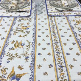 Rectangular provence cotton tablecloth "Moustiers" ecru and blue from Tissus Toselli in Nice
