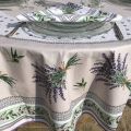 Round coated cotton tablecloth, diameter 91 inch "Lauris" olives and lavandes , by TISSUS TOSELLI