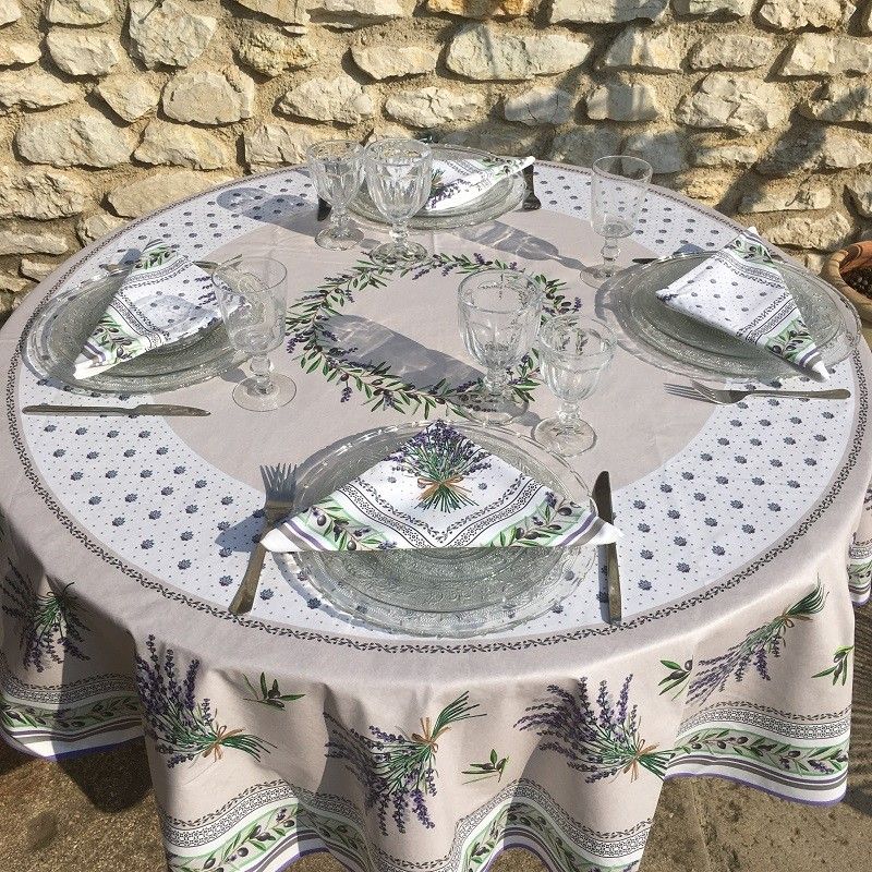 Round coated cotton tablecloth, diameter 91 inch "Lauris" olives and lavandes , by TISSUS TOSELLI