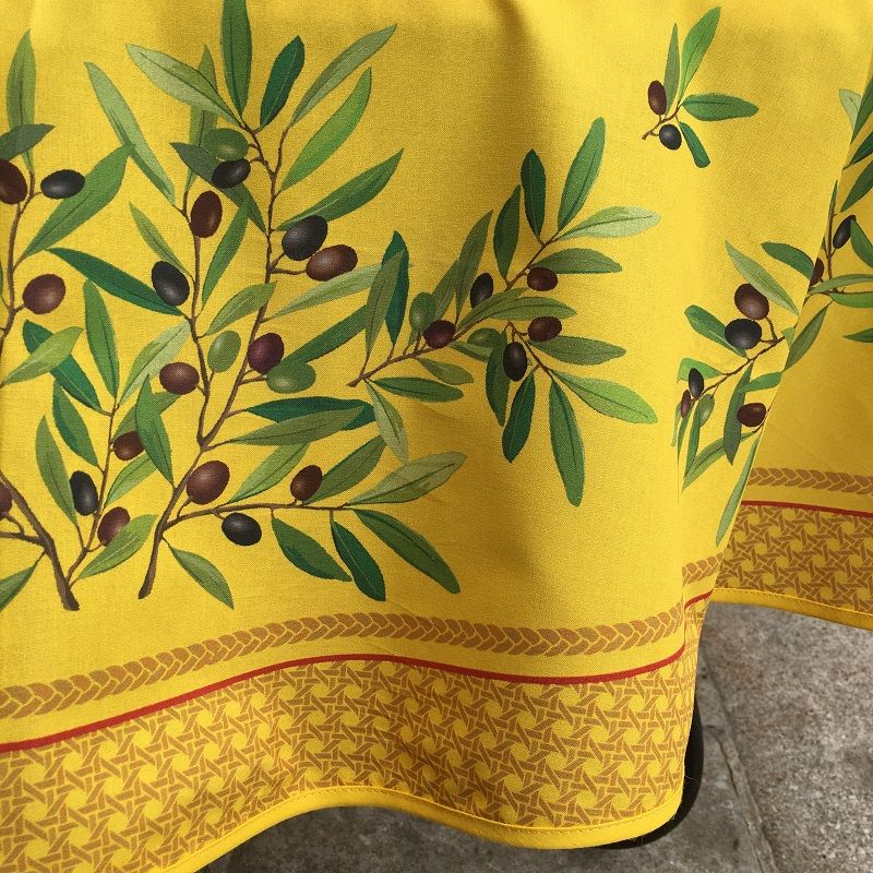Nappe provençale, Rameaux d'olives, jaune, ronde Ø 160 cm, 100