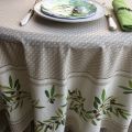 Round coated cotton tablecloth, diameter 91"  "Nyons" olives Off-White, by TISSUS TOSELLI