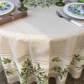 Round coated cotton tablecloth, diameter 91"  "Nyons" olives Off-White, by TISSUS TOSELLI