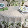 Round coated cotton tablecloth "Nyons" olives Off-White, by Tissus Toselli