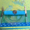 Rectangular webbed Jacquard tablecloth "Ribeauvillé" turquoise, yellow, Tissus Toselli