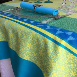 Rectangular webbed Jacquard tablecloth "Ribeauvillé" turquoise, yellow, Tissus Toselli