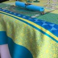 Square webbed Jacquard tablecloth "Ribeauvillé" turquoise, yellow, Tissus Toselli