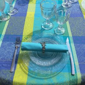 Rectangular coated Jacquard tablecloth, stain resistant Teflon "Maussanne" Turquoise