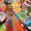Rectangular coated Jacquard tablecloth "Valescure" Orange, turquoise