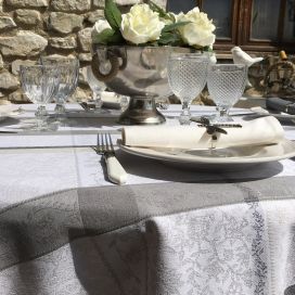 Round Jacquard tablecloth, stain resistant Teflon "Maussanne"  ecru, grey