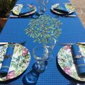 Rectangular coated cotton tablecloth "Nyons" olives blue