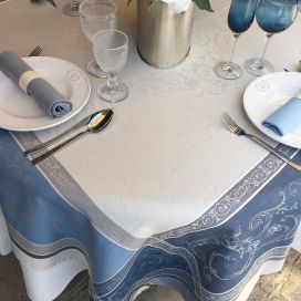Square Jacquard tablecloth "Versailles" grey and blue, by Tissus Toselli