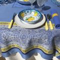Square Jacquard tablecloth "Vaucluse" blue and yellow, by Tissus Toselli