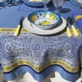 Square Jacquard tablecloth "Vaucluse" blue and yellow, by Tissus Toselli
