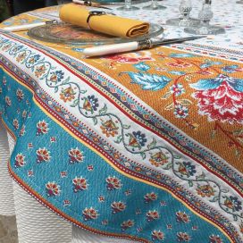 Rectangular Jacquard tablecloth  "Roussillon" ocre and turquoise by Marat d'Avignon
