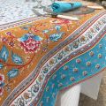 Square Jacquard tablecloth  "Roussillon" ocre and turquoise by Marat d'Avignon