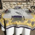 Square Jacquard tablecloth lavandes et Olives "Castillon" yellow and lavande