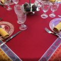 Square Jacquard tablecloth "Vaucluse" red and orange, by Tissus Toselli