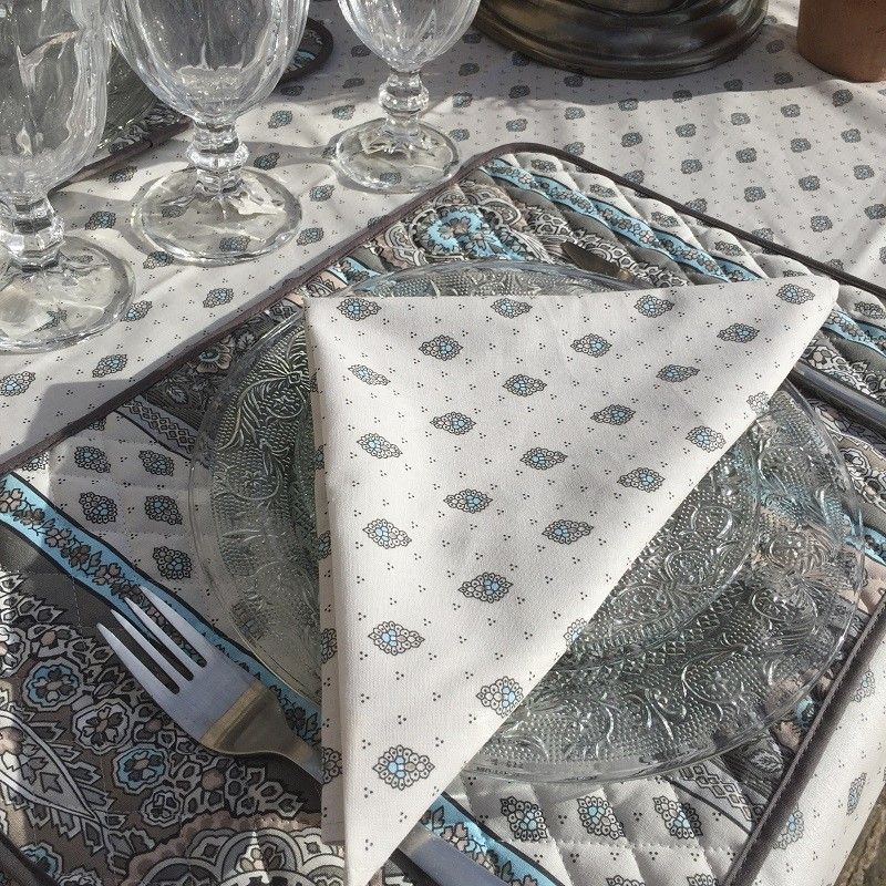 Allover cotton napkins "Bastide" grey and turquoise