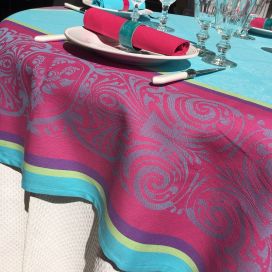 Rectangular webbed Jacquard tablecloth "Renaissance" turquoise, fuchsia, Tissus Toselli